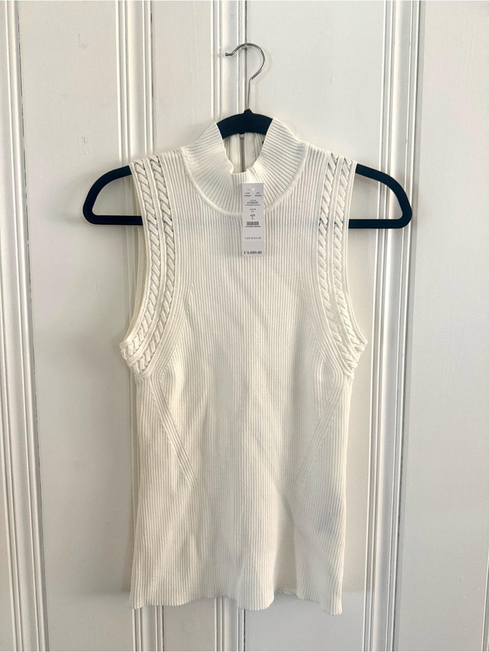 NWT WHBM Sleeveless Mock Neck Ribbed Knit Top - White, Size Large